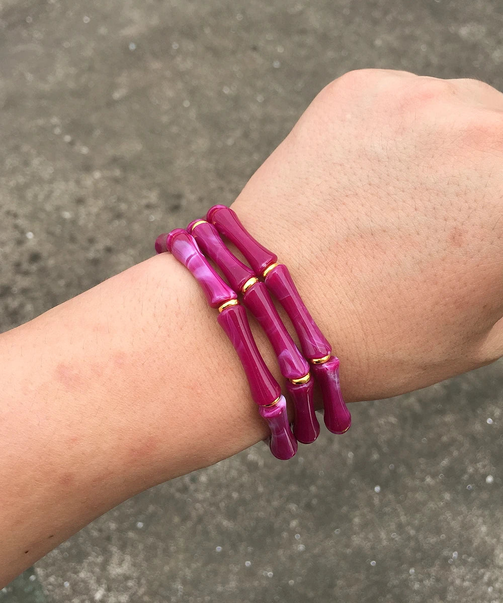 3pcs Leopard Acrylic Bamboo Women's Hand Bracelets Retro Stack Thin Tube Beaded Elastic Bracelet Bangle Couple Jewelry Gift