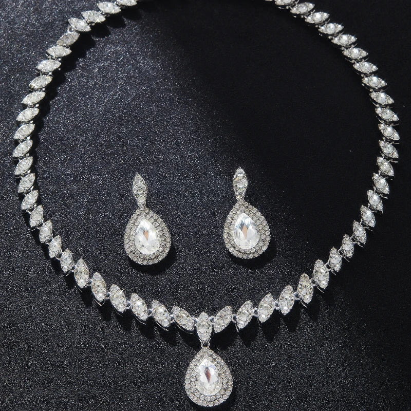 3PC Women's Fashion Luxury Water Drop Zircon Necklace Earrings Jewelry Set Wedding Banquet Party Holiday Gift