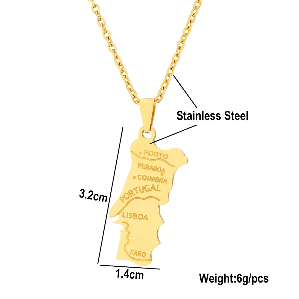 2024 new fashion stainless steel Portugal map pendant necklace temperament everything collarbone chain birthday anniversary gift