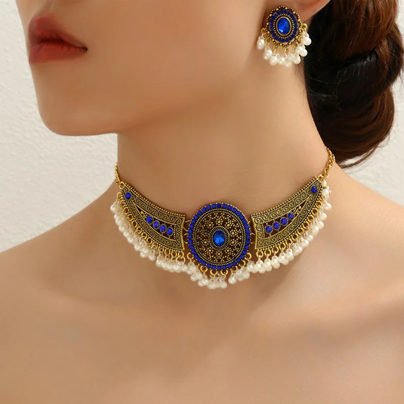 Vintage Jewelry Set Rhinestone Choker Necklaces Stud Earrings For Women Simulated Pearl Beads Bridal Jewelry Sets
