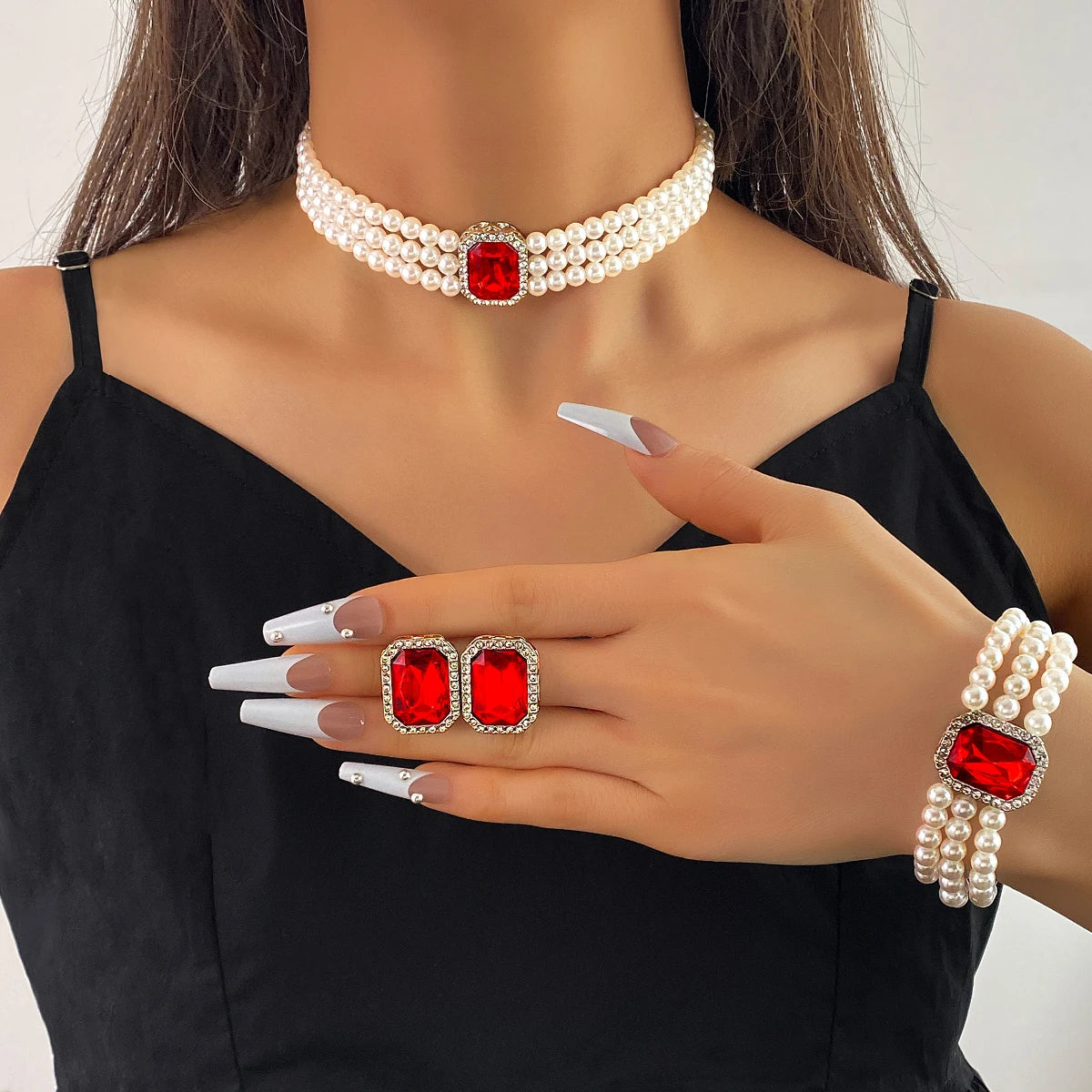 4-piece luxurious multi-layer imitation pearl necklace, earring bracelet, bridal rhinestone wedding jewelry set