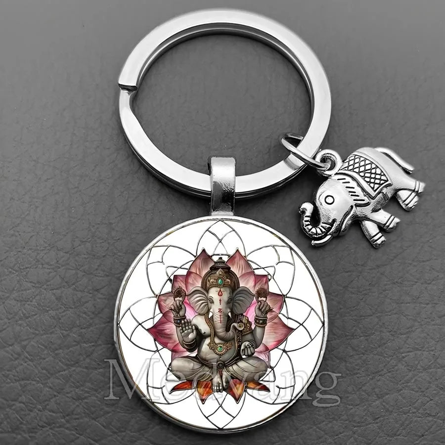Sacred Elephant Ganesha Keychain Buddha keychain and key ring God Of Wealth Elephant glass key ring men and women bag decoration