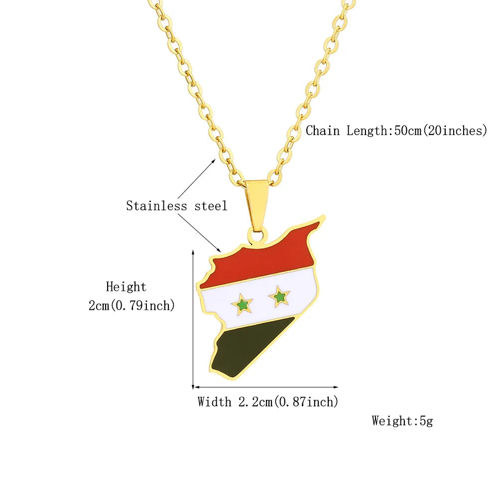 2024 New fashion stainless steel Syria map and flag necklace men's and women's temperament matching couple sweater chain accesso