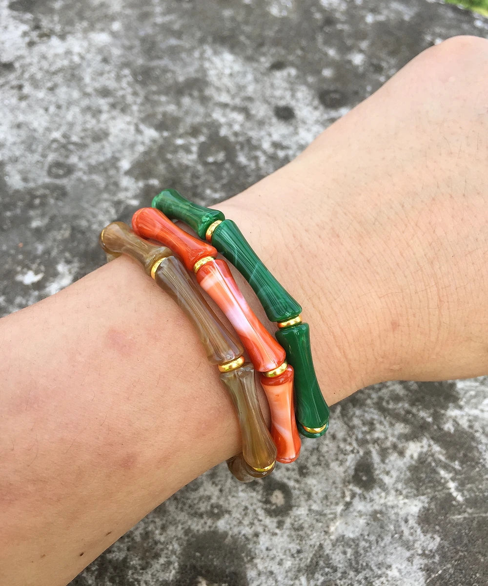 3pcs Leopard Acrylic Bamboo Women's Hand Bracelets Retro Stack Thin Tube Beaded Elastic Bracelet Bangle Couple Jewelry Gift