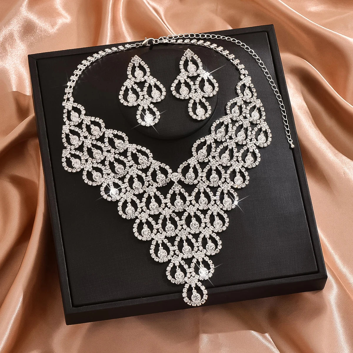 3PC Women's Fashion Zircon Geometric Necklace Earrings Jewelry Set Simple and Versatile Wedding Party Festival Gift-8571