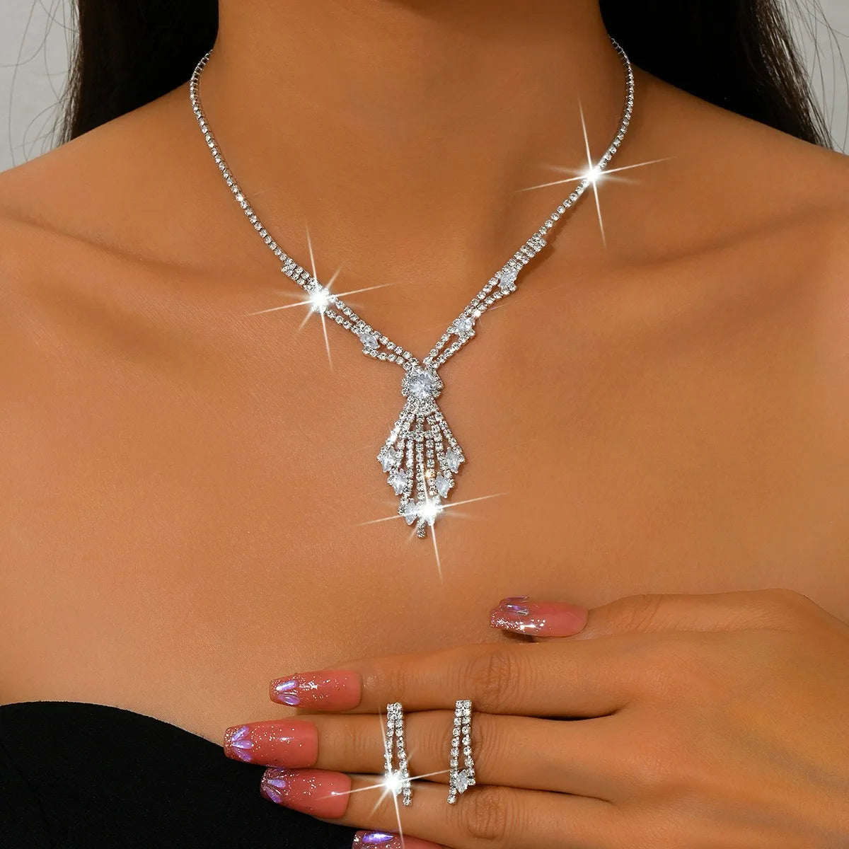 3pcs Exquisite Retro Style Elegant Women Rhinestone Tassel Necklace Earring Set Wedding Banquet Birthday Party Dress Accessories