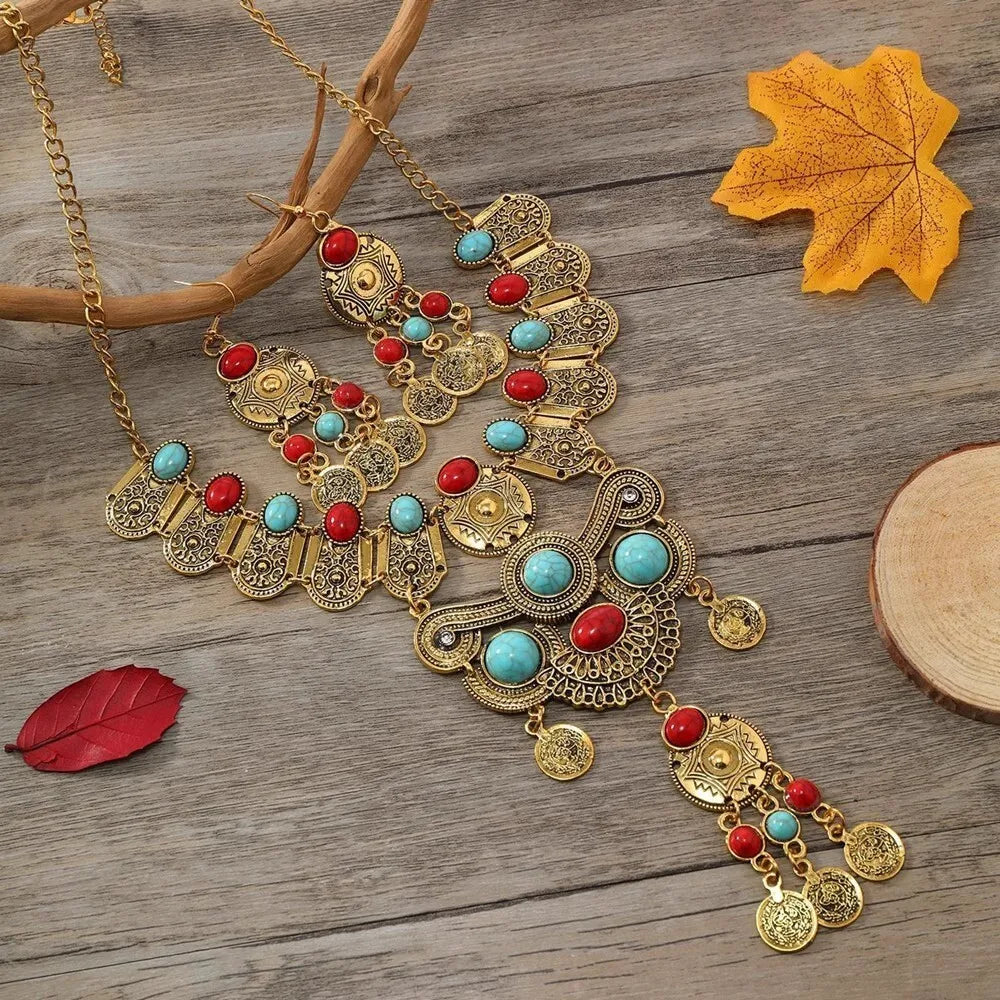 Western Jewelry Set Ethnic Vintage Imitation Turquoise Metal Coin Tassel Necklace And Earrings For Women Party Accessories