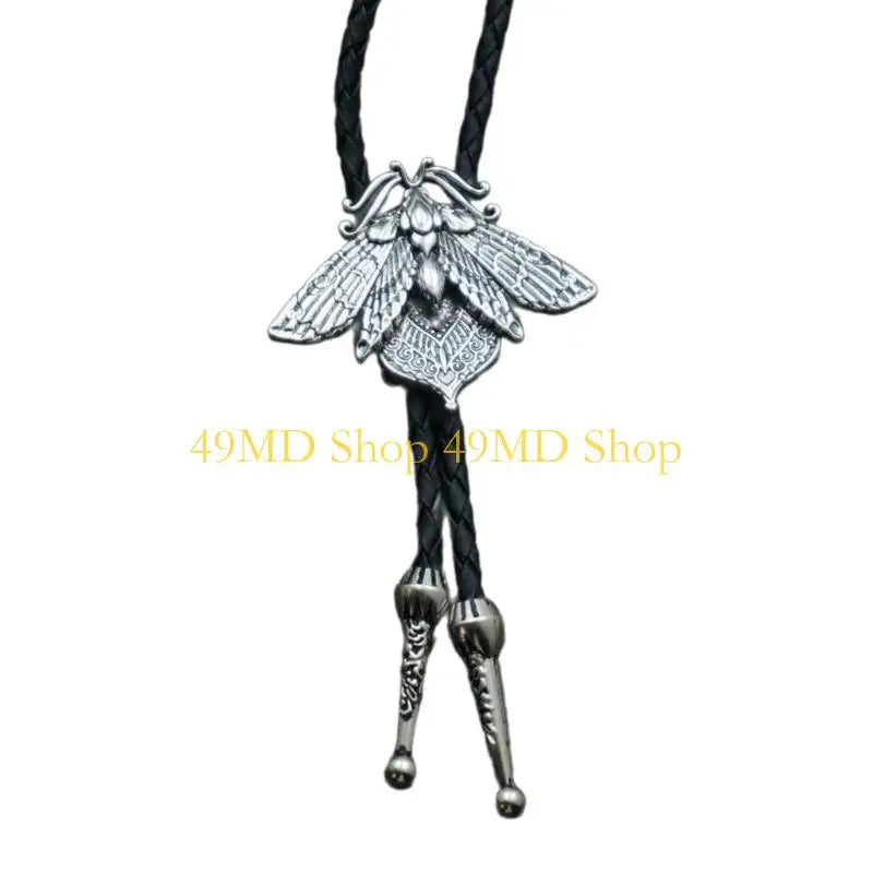 49MD Mens Gothic Western Bolo Tie Cowboy Necktie Metal Skull Moths Pedant Necklace