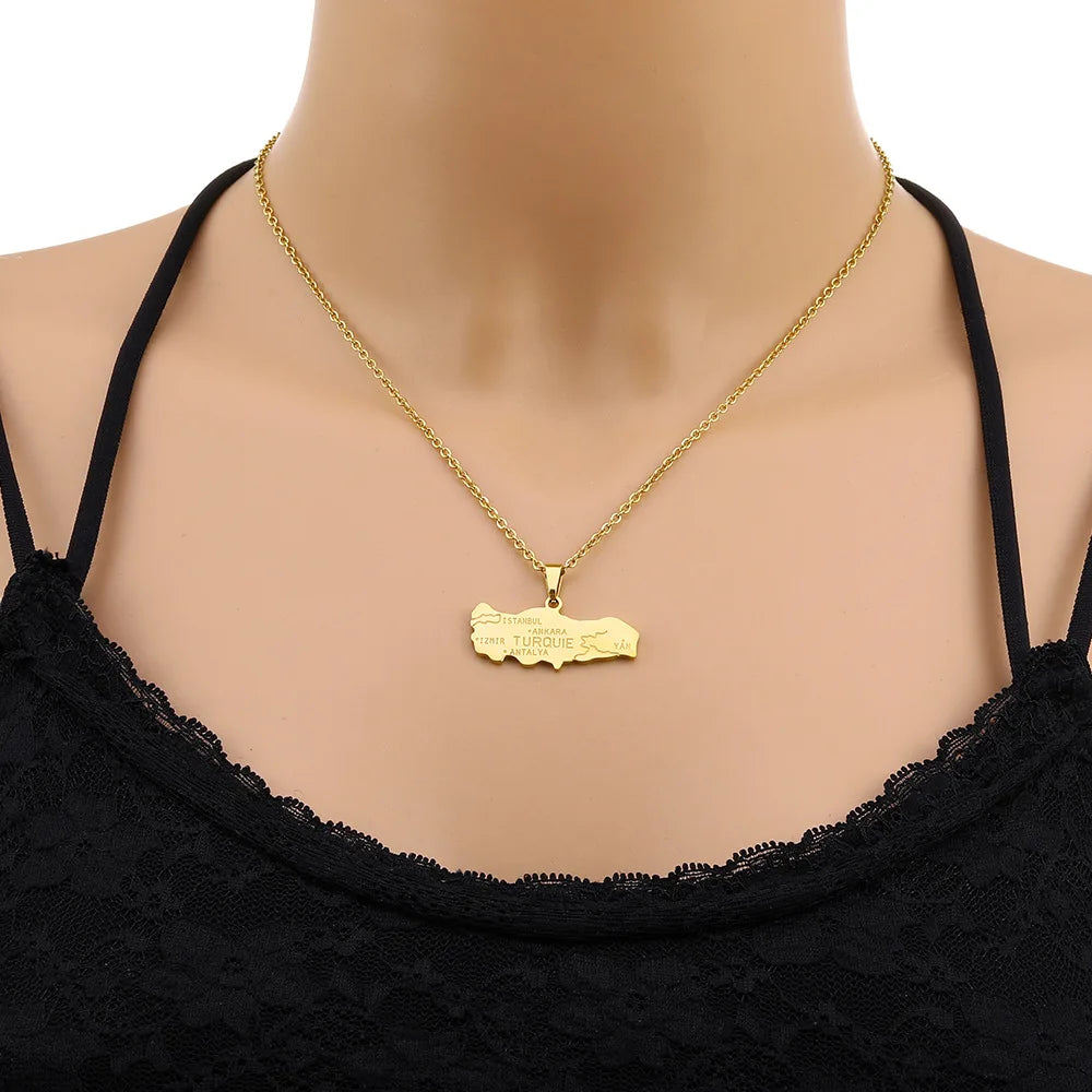 2024 New fashion stainless steel Turkish map necklace for women and men couples ethnic style accessory collarbone chain annivers