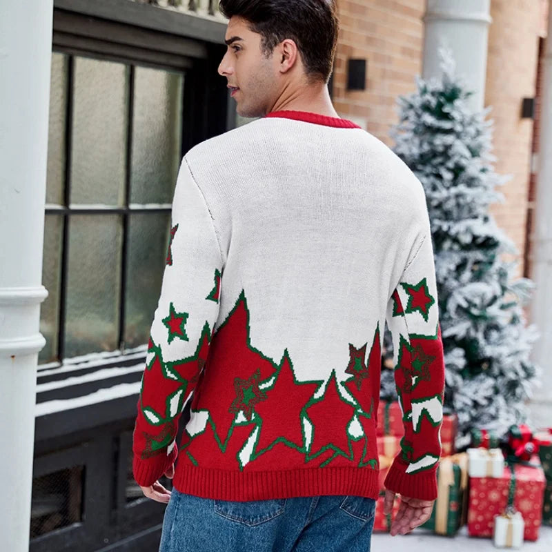 2025 Winter Christmas Men's Knitted Sweater Cartoon Print Full Sleeve O Neck Warm Soft Knitwear Adults Jumper Xmas Look Pullover