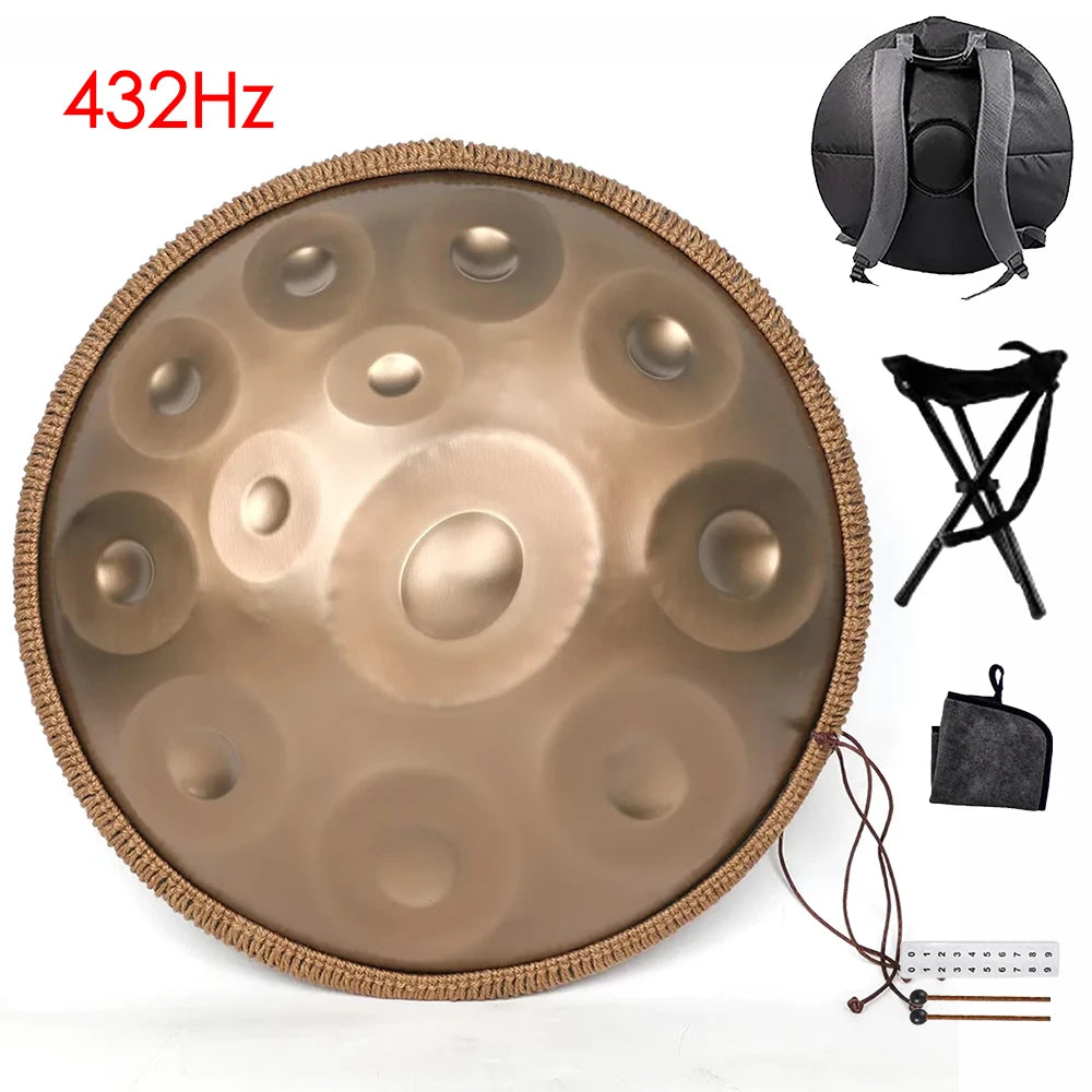 432Hz/440Hz Gold Handpan Drum with Steel Tongue for Yoga,Meditation Instrument,Beginner,Tambor Gift, 22 inch,9, 10,12,14,17notes