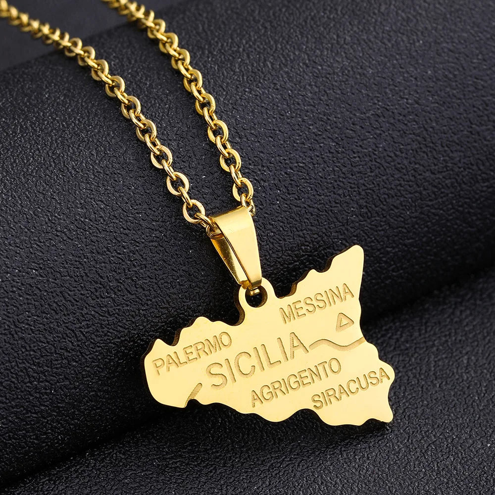 2024 new fashion stainless steel Sicily map pendant necklace temperament everything collarbone chain birthday anniversary small