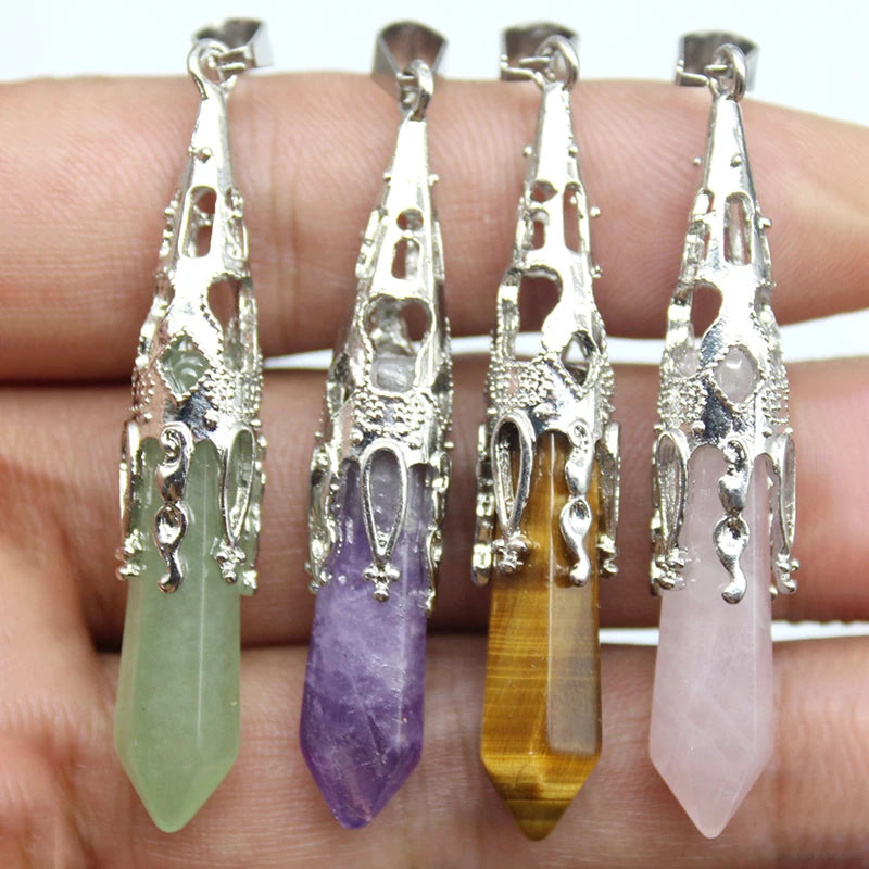 16pcs Crystal Pendulum for Divination Dowsing Natural Gem Stone Amethyst Hexagon Pendant For DIY Jewelry Making Necklace Pendant