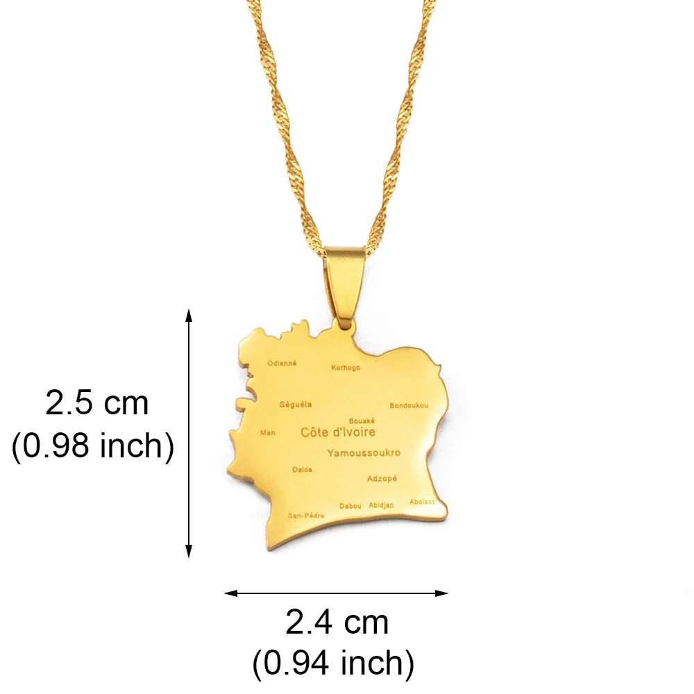 Anniyo COTE D IVOIRE Map With City Pendant Necklaces Ivory Coast Country Map Jewelry @245321