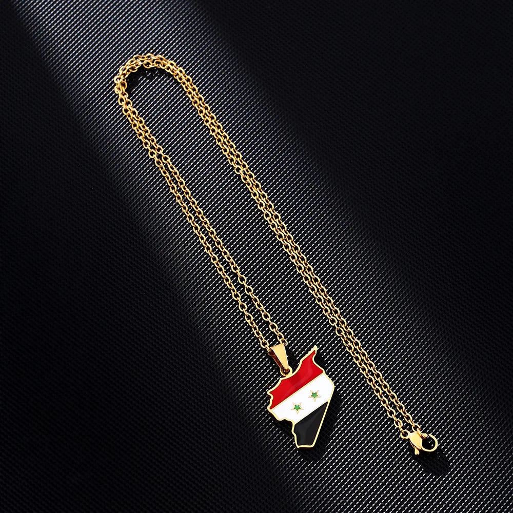 2024 New fashion stainless steel Syria map and flag necklace men's and women's temperament matching couple sweater chain accesso