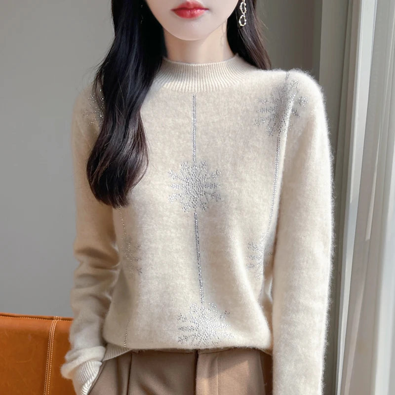 Women Sweater Christmas Style Mock Neck Long Sleeve Autumn Winter Thick Warm Pullovers Knitted Loose Bottoming Shirts Red Jumper