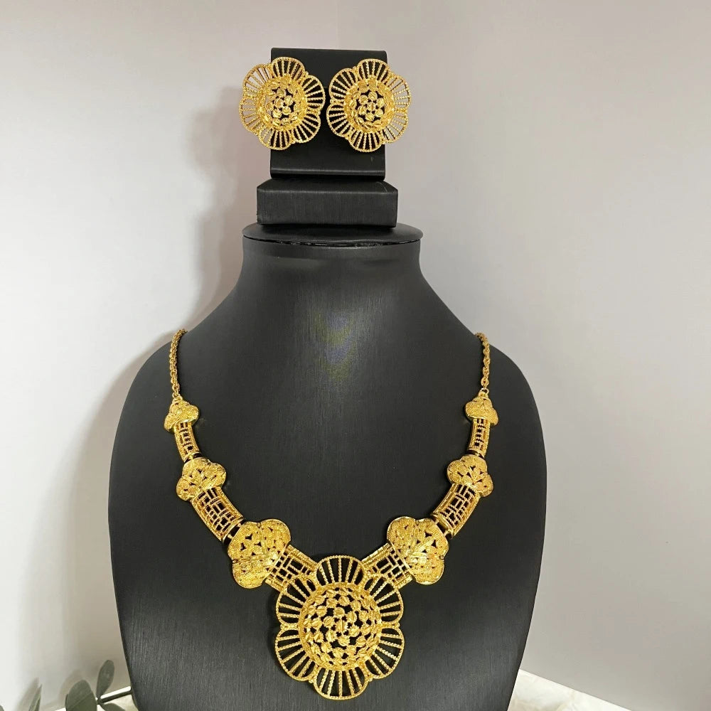 Dubai 24K Gold Color Long Jewelry Sets Wedding African Necklace Earrings For Women Nigerian Indian Bridal Set Party Gifts