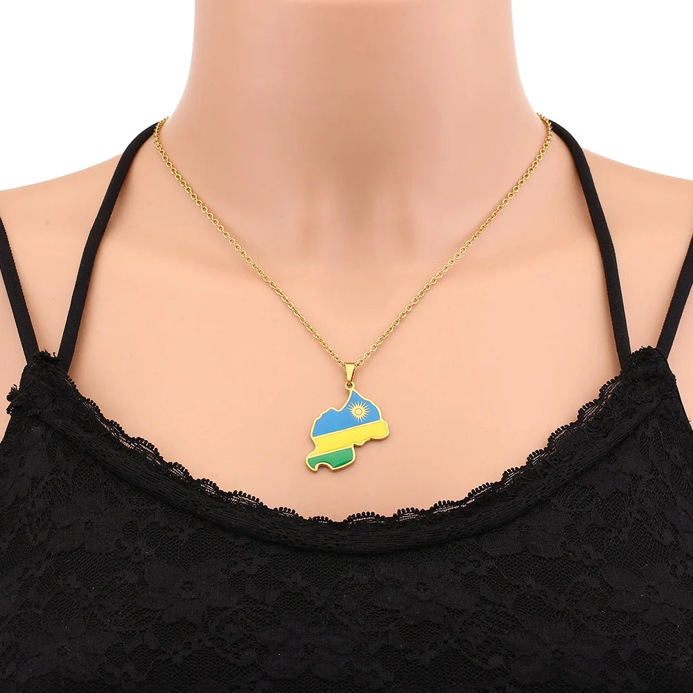 2024 New fashion stainless steel Rwanda map and flag necklace men's and women's geometric ethnic style collarbone chain Memorial