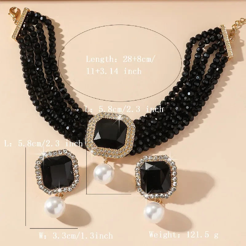 Vintage Multilayer Green Red Blue Black Crystal Necklace Geometric Square Pearl Earrings For Women Weddings Banquet Jewelry Sets