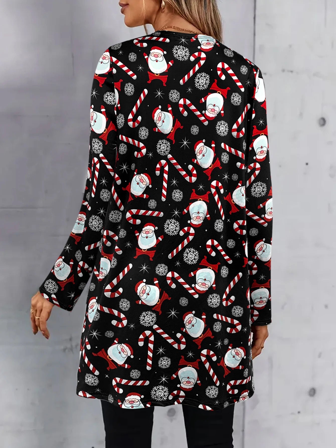 Women's Long - Sleeve Open - Front Christmas Cardigan, Santa & Snowflake Prints, Ideal for Holiday Parties & Family Gatherings