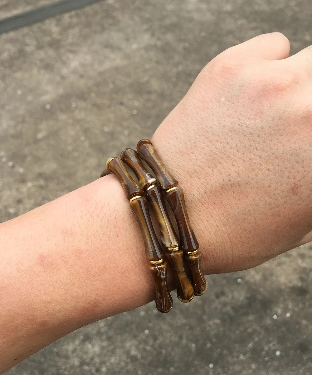 3pcs Leopard Acrylic Bamboo Women's Hand Bracelets Retro Stack Thin Tube Beaded Elastic Bracelet Bangle Couple Jewelry Gift