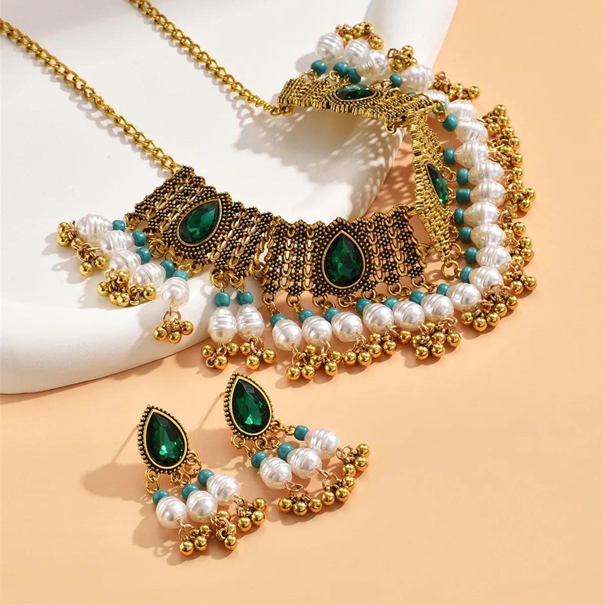 Vintage Jewelry For Woman Green Crystal Stone Jewelry Sets Simulated Pearl Beads Necklace Earrings Set For Women