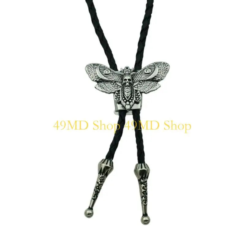 49MD Mens Gothic Western Bolo Tie Cowboy Necktie Metal Skull Moths Pedant Necklace