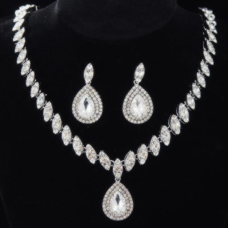 3PC Women's Fashion Luxury Water Drop Zircon Necklace Earrings Jewelry Set Wedding Banquet Party Holiday Gift