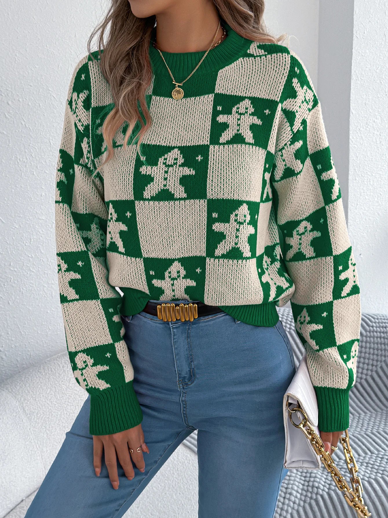VigoCasey 2025 Autumn Winter Christmas Knitted Sweater Women Casual Plaid Print Pullover Lady Lantern Long Sleeve Loose Jumper