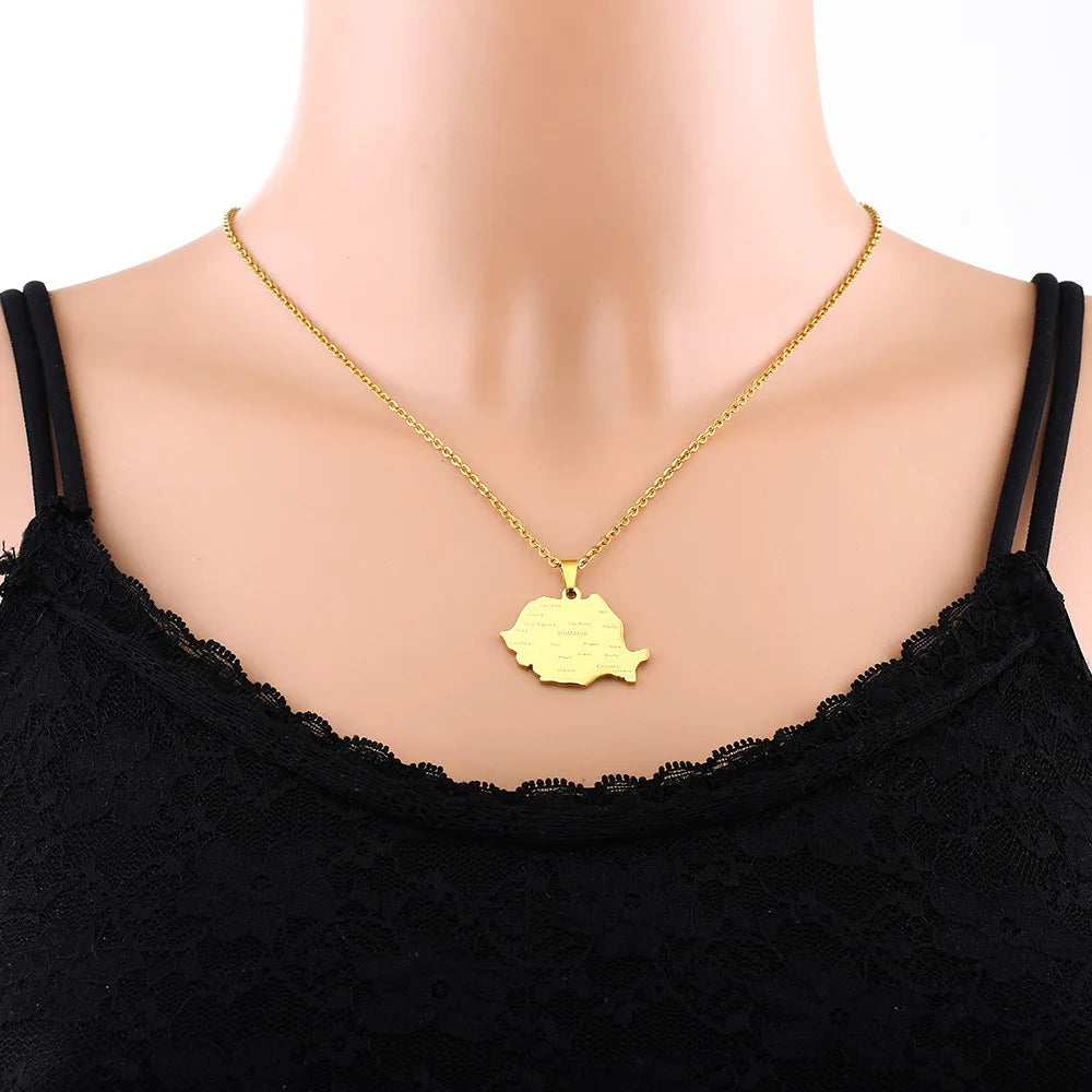 2024 new fashion stainless steel Romania map with city pendant necklace temperament everything collarbone chain birthday anniver