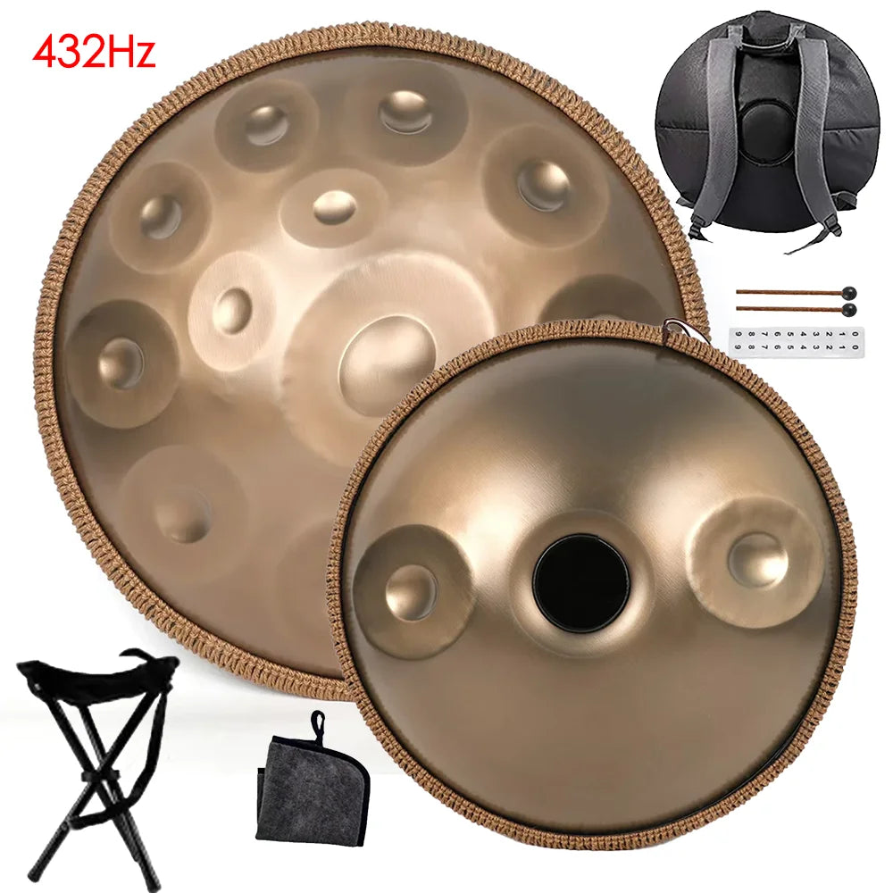 432Hz/440Hz Gold Handpan Drum with Steel Tongue for Yoga,Meditation Instrument,Beginner,Tambor Gift, 22 inch,9, 10,12,14,17notes