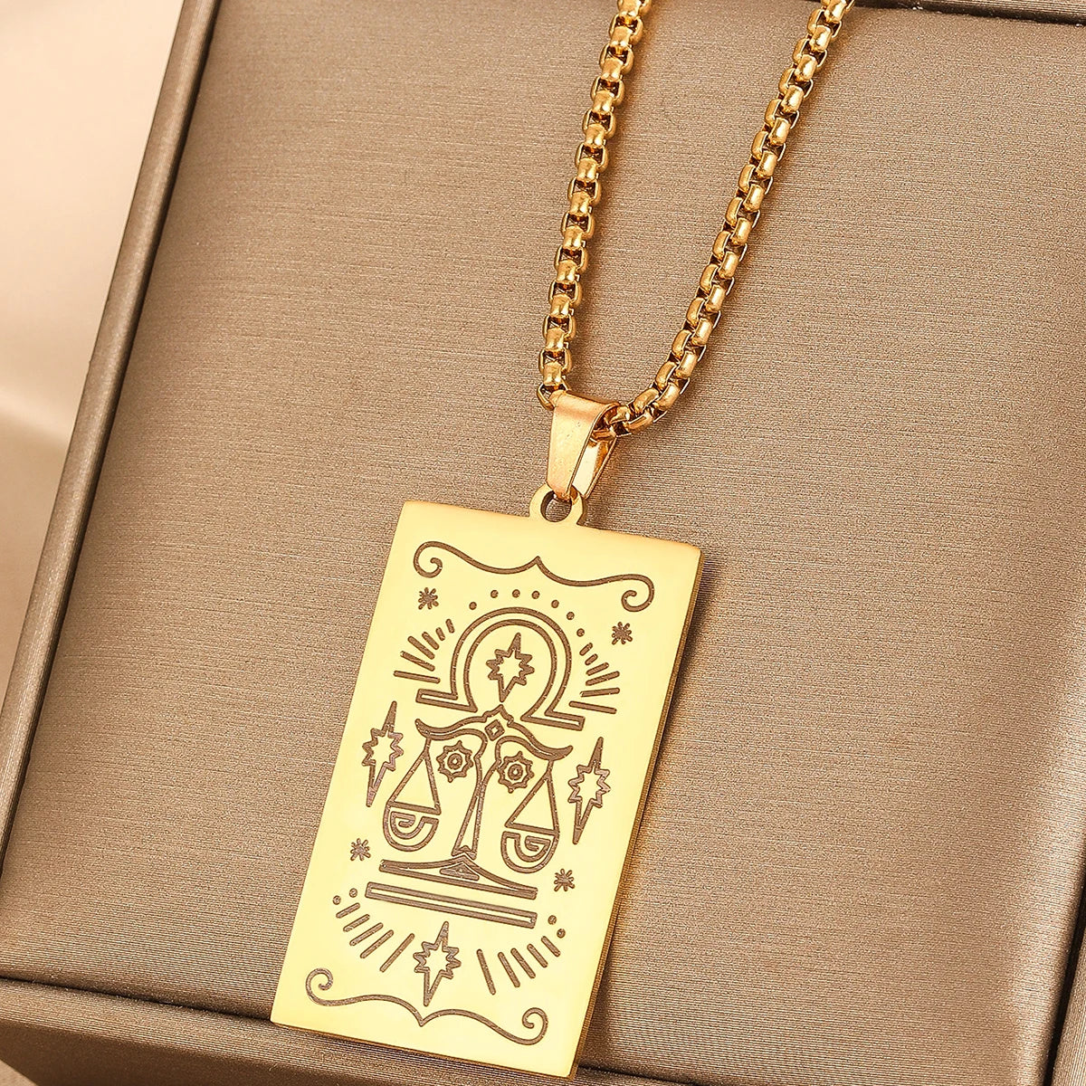 Vintage Moon Rose Flower Tarot Card Necklace Talisman Stainless Steel Libra Justice Necklace for Women Men Sun Amulet Jewelry