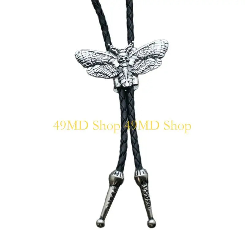 49MD Mens Gothic Western Bolo Tie Cowboy Necktie Metal Skull Moths Pedant Necklace