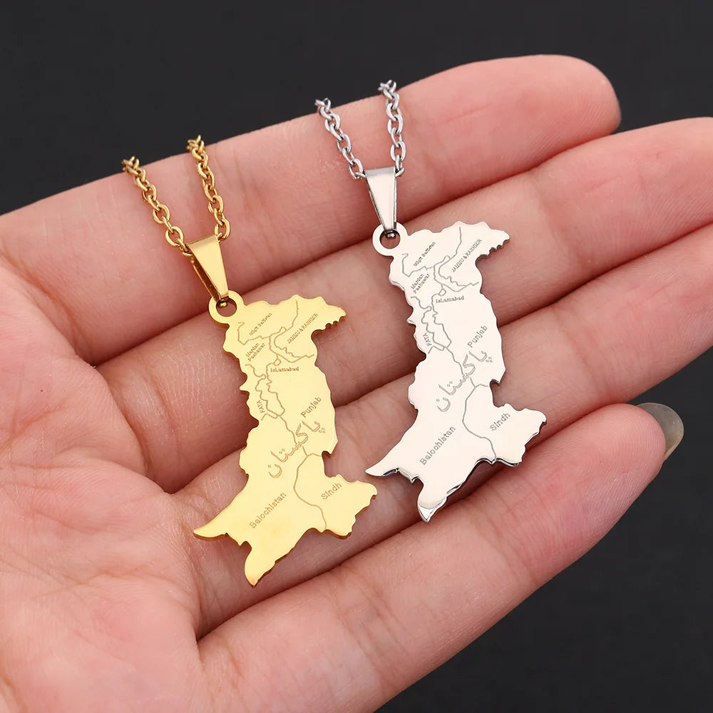 2024 New fashion stainless steel Pakistan map with Urdu pendant necklace for men and women couples fashion sweater chain