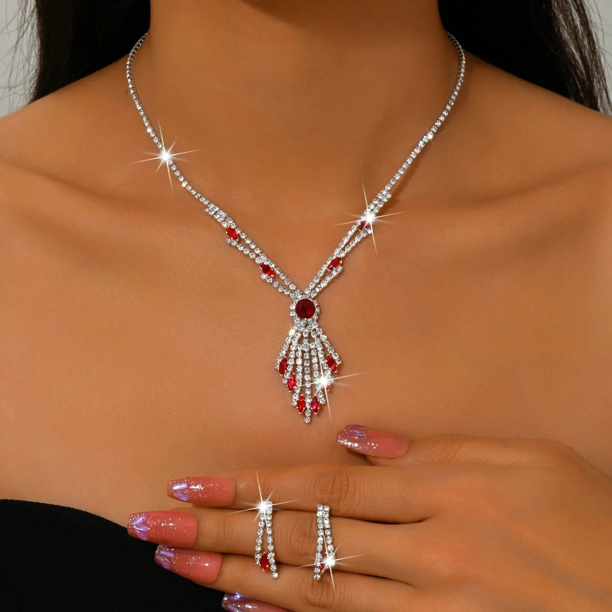 3pcs Exquisite Retro Style Elegant Women Rhinestone Tassel Necklace Earring Set Wedding Banquet Birthday Party Dress Accessories