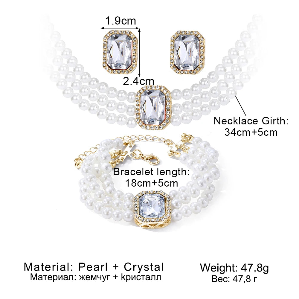 4-piece luxurious multi-layer imitation pearl necklace, earring bracelet, bridal rhinestone wedding jewelry set