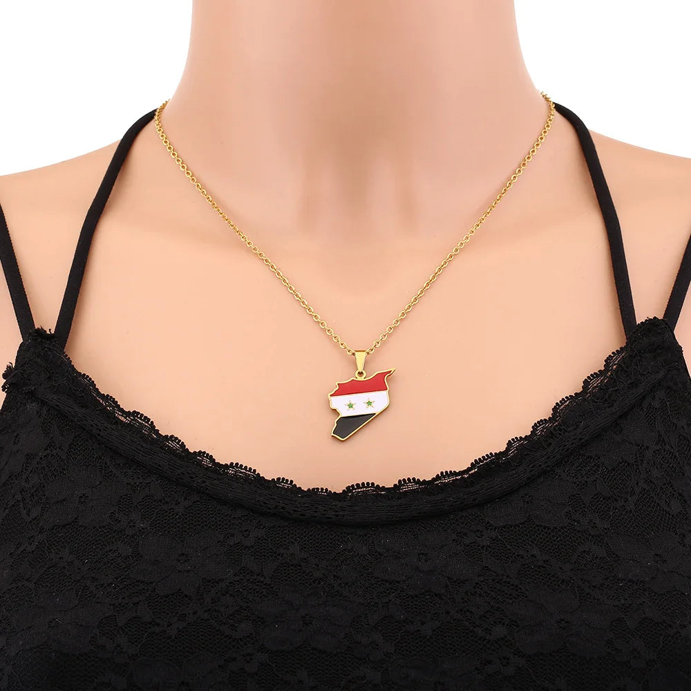 2024 New fashion stainless steel Syria map and flag necklace men's and women's temperament matching couple sweater chain accesso