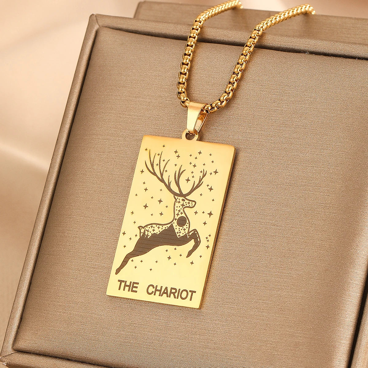 Vintage Moon Rose Flower Tarot Card Necklace Talisman Stainless Steel Libra Justice Necklace for Women Men Sun Amulet Jewelry