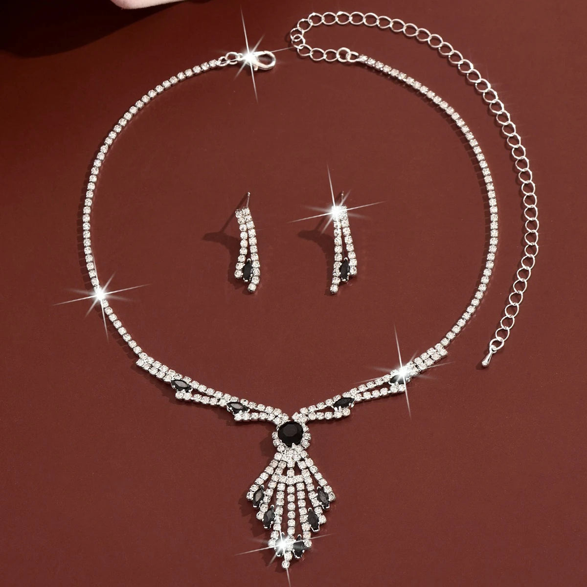 3pcs Exquisite Retro Style Elegant Women Rhinestone Tassel Necklace Earring Set Wedding Banquet Birthday Party Dress Accessories