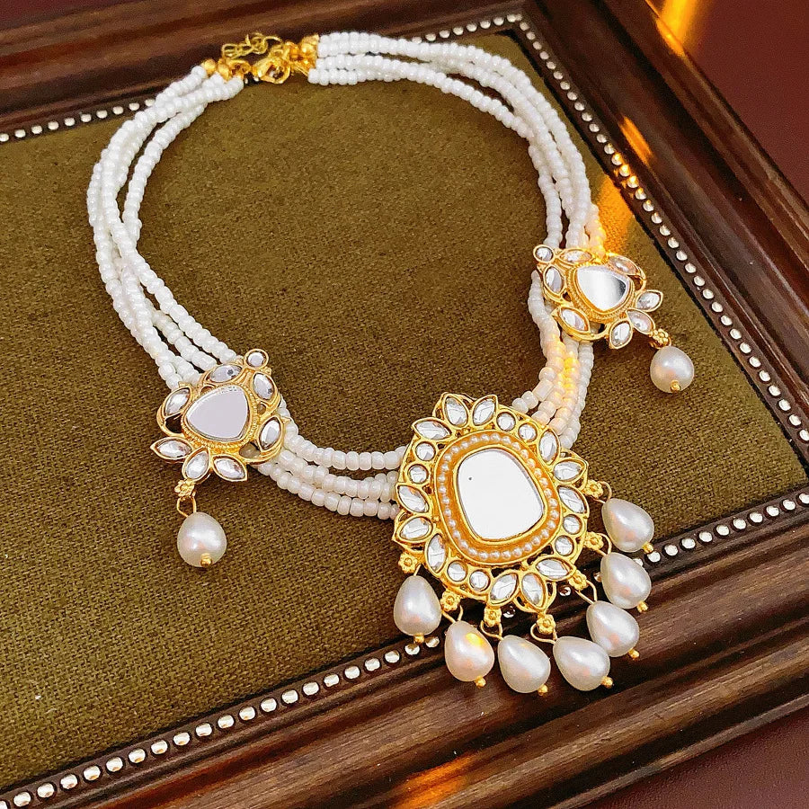 Vintage Light Luxury Wedding Jewelry Set for Women Water Drop Pearl Earrings Versatile High-end Retro Exaggerated Necklace