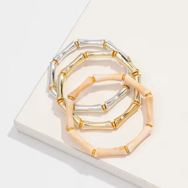 3pcs Leopard Acrylic Bamboo Women's Hand Bracelets Retro Stack Thin Tube Beaded Elastic Bracelet Bangle Couple Jewelry Gift