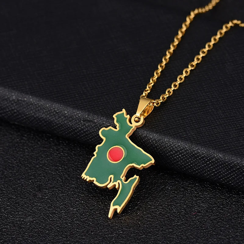 2024 new fashion stainless steel vintage dripping oil Bangladesh map pendant necklace temperament everything collarbone chain bi