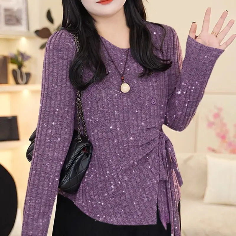 Temperament Waist-hugging and Fleece Tied Shoulder Sweater Keeps Warm in Autumn and Winter Irregular Sequins Fashionable