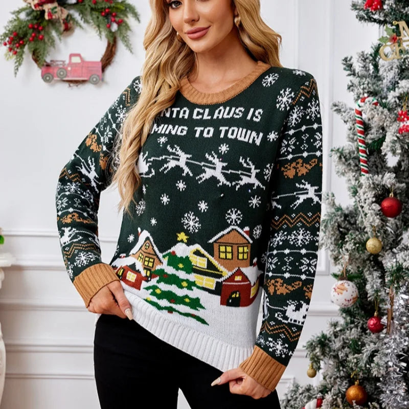 2025 Winter Christmas Women's Knitted Sweater Y2k Style Cute Print Female Knitwear Full Sleeve O Neck Warm Soft Jumper Xmas Look
