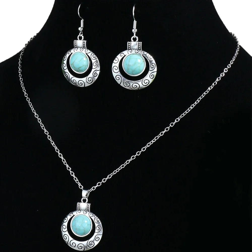 Vintage Blue European American Necklace Earrings Jewelry Sets Crystal Jewellery Sets For Women stone Necklaces & Pendants gift