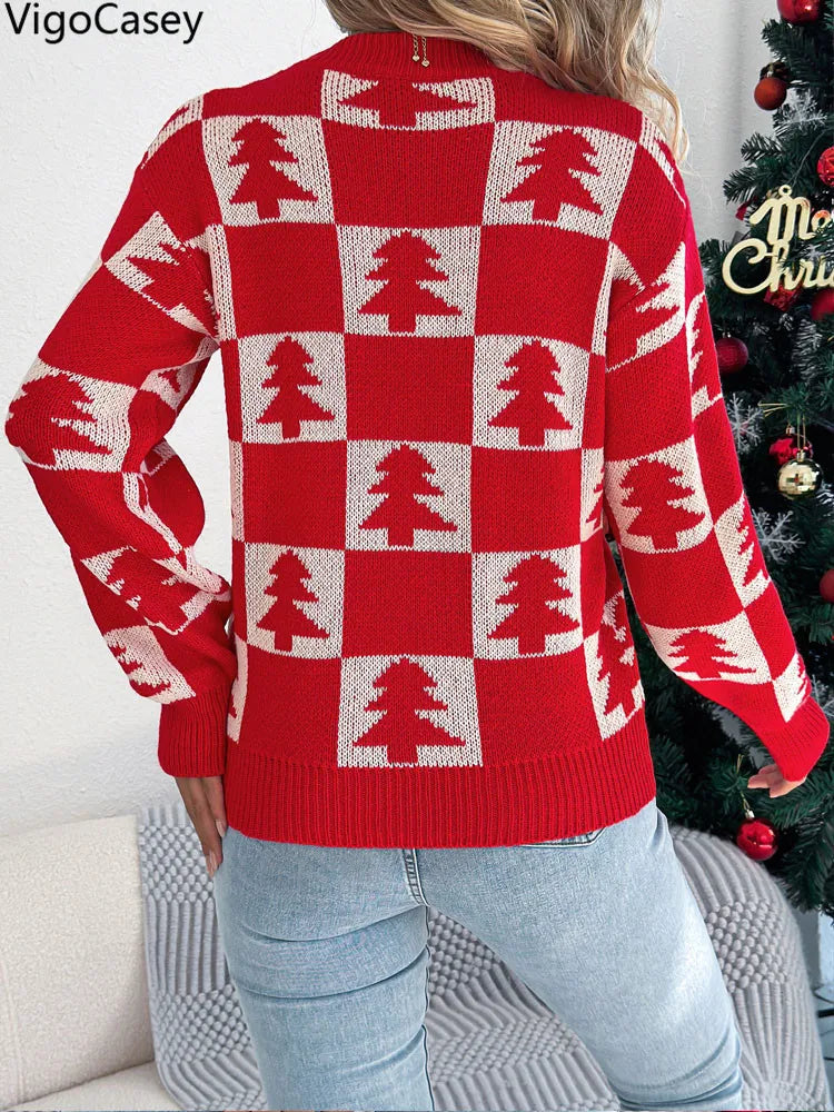 VigoCasey 2025 Autumn Winter Lady Christmas Knitted Sweater Women O Neck Plaid Print Pullover Lantern Long Sleeve Loose Jumper