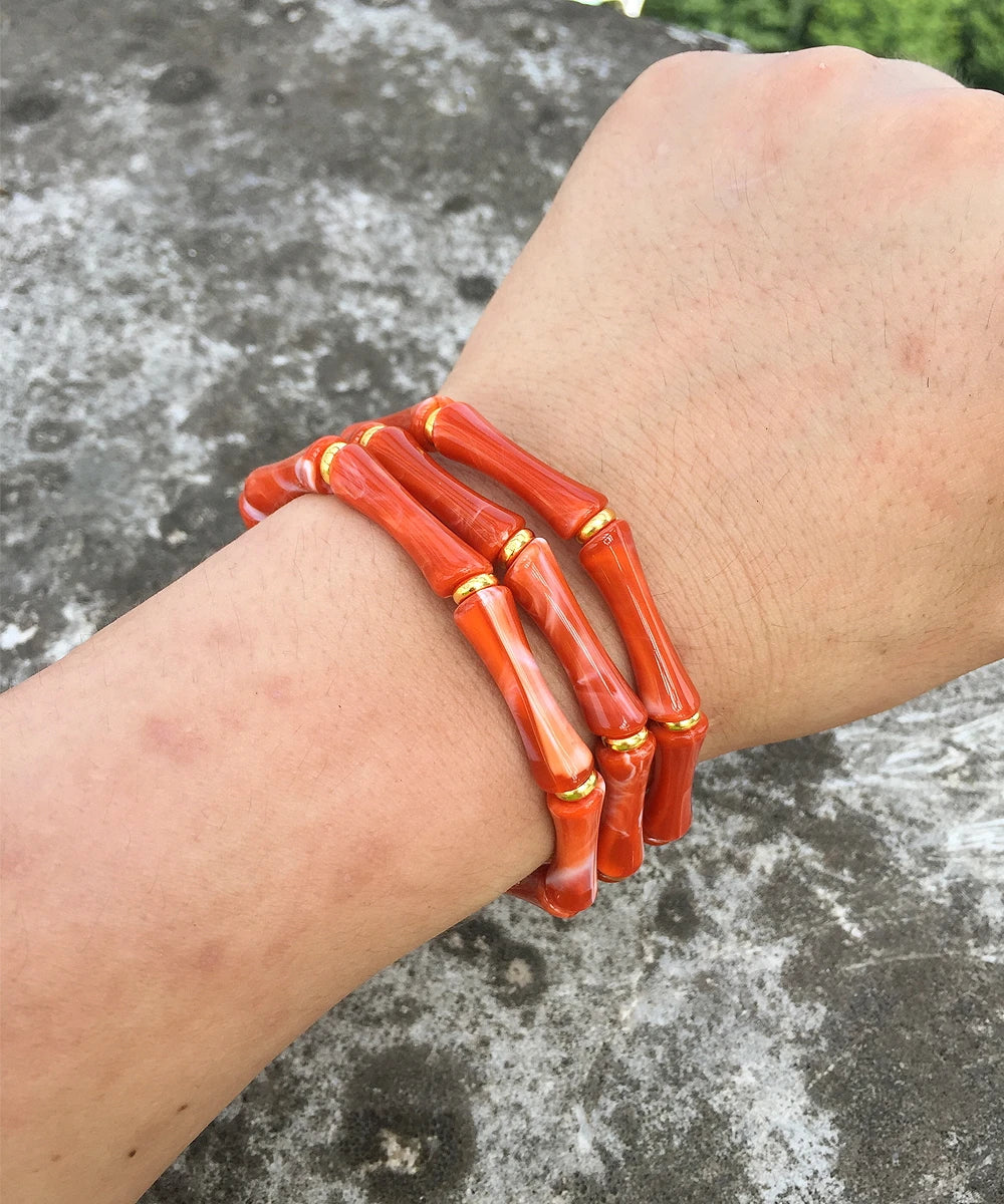 3pcs Leopard Acrylic Bamboo Women's Hand Bracelets Retro Stack Thin Tube Beaded Elastic Bracelet Bangle Couple Jewelry Gift