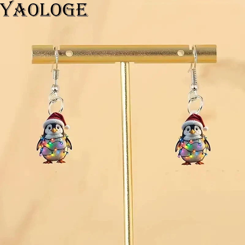 YAOLOGE Fun Leisure Santa's Hat Colorful Light Strip Penguin Earrings 2D Acrylic Design Women Winter Atmosphere Eardrop Gifts