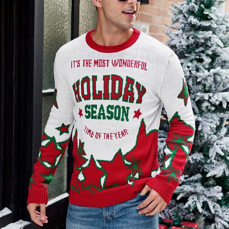 2025 Winter Christmas Men's Knitted Sweater Cartoon Print Full Sleeve O Neck Warm Soft Knitwear Adults Jumper Xmas Look Pullover
