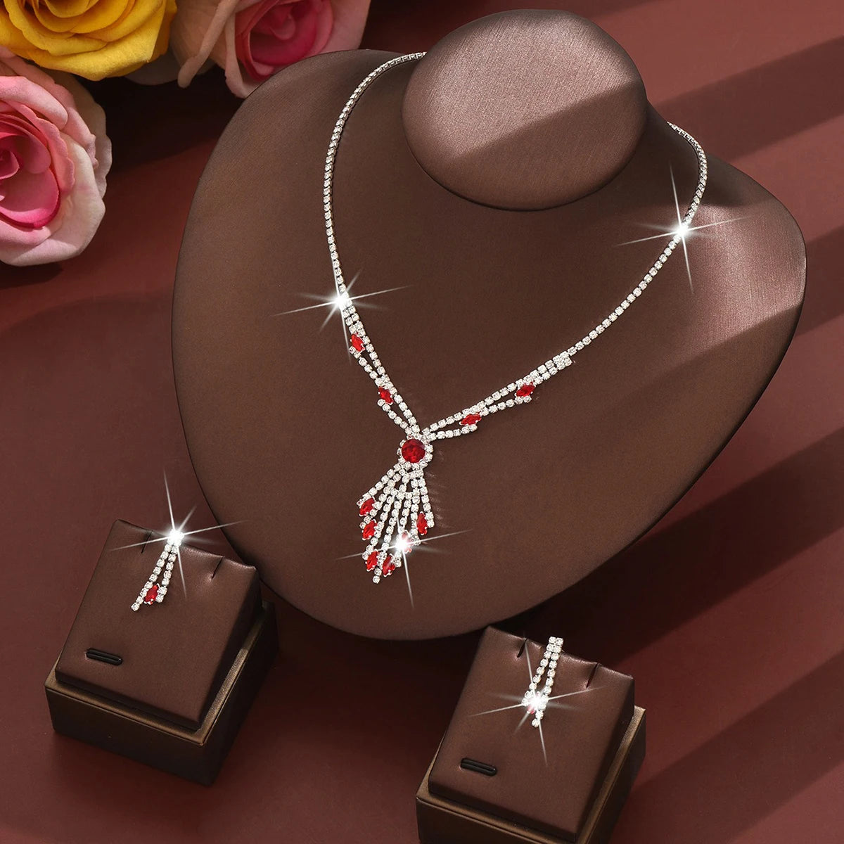 3pcs Exquisite Retro Style Elegant Women Rhinestone Tassel Necklace Earring Set Wedding Banquet Birthday Party Dress Accessories